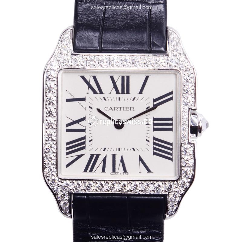 Cartier Santos Quartz Replica - 18kt White Gold - Diamond - White Dial - Alligator Black - Luxury Replica SANTOS Watch