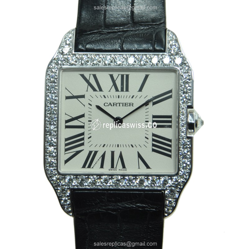 Cartier Santos Replica - Manual - 18kt White Gold - Diamond - White Dial - Black Alligator Strap - Luxury Replica SANTOS Watch