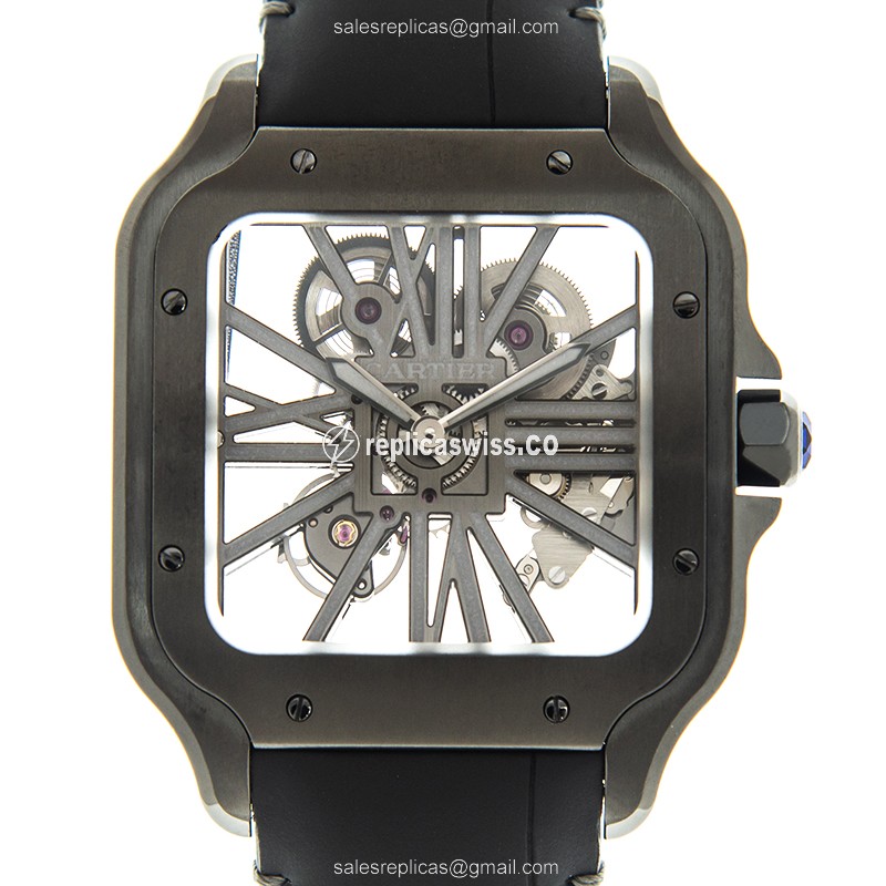 Cartier Santos Replica - Manual - Stainless Steel - Transparent - Black Leather - Clasp