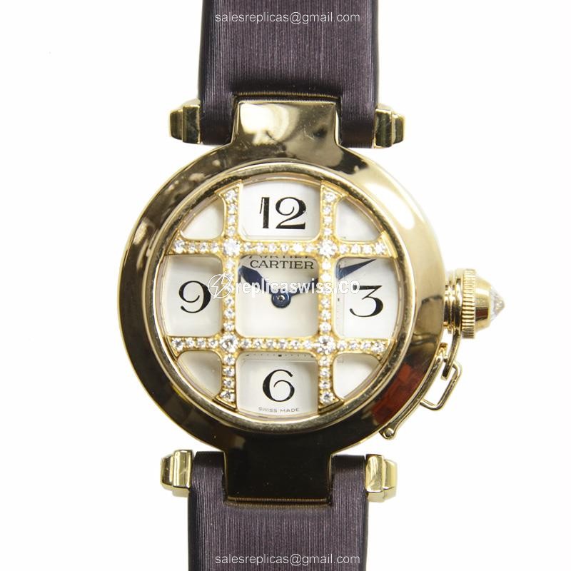 Cartier Pasha Replica - Quartz - 18kt Yellow Gold - White Dial - Black Satin Strap