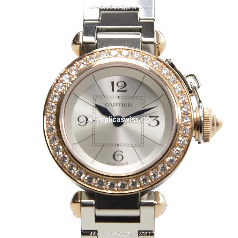 Cartier Pasha Replica - Quartz - 18kt Rose Gold - Diamond - Silver Dial - Steel Strap