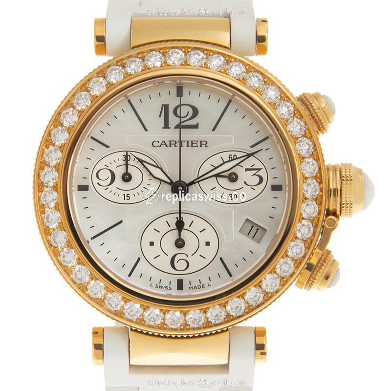 Cartier Pasha Replica - Quartz - 18kt Gold - Diamond Accents - White Dial - Alligator Strap