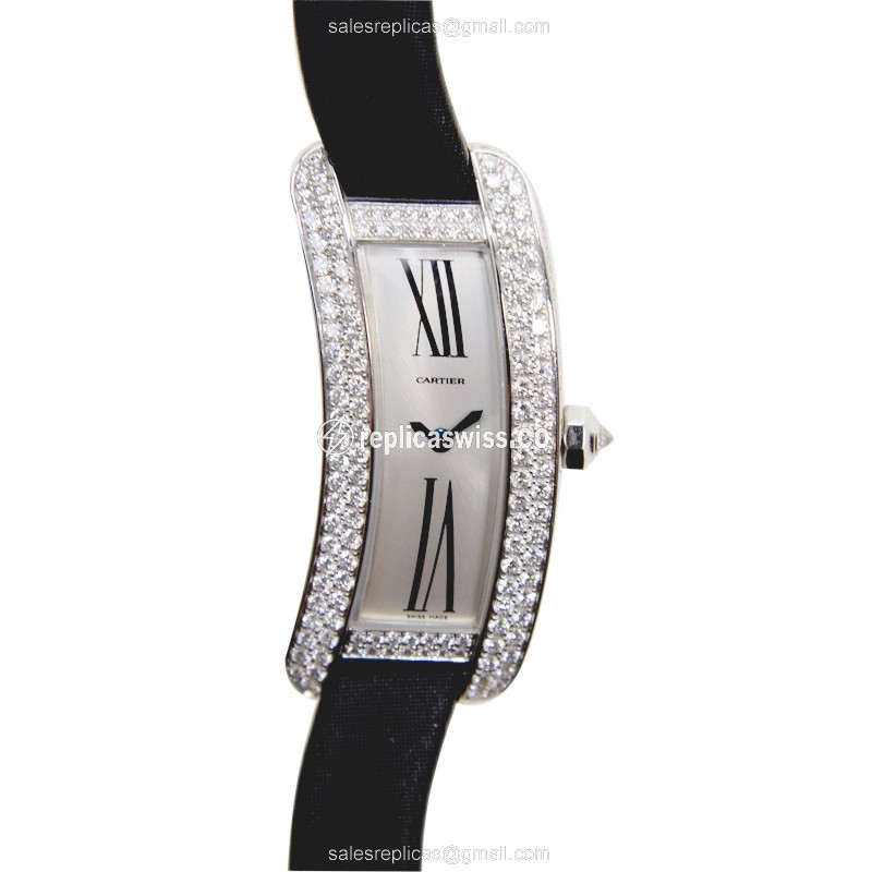 Cartier WJ300950 TANK Quartz - 18kt White Gold - Diamond - Silver Dial - Black Buckle Strap