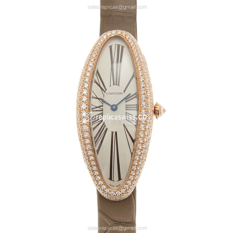 Cartier BAIGNOIRE Replica - Automatic - 18kt Rose Gold - Diamond Set - Silver Dial - Alligator Grey Strap - Buckle Clasp