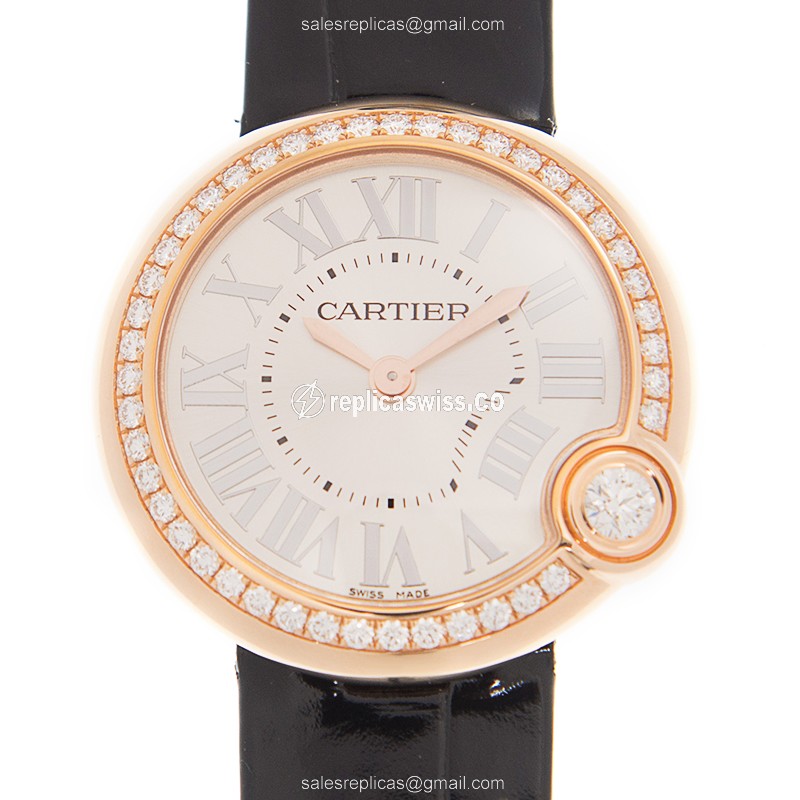 Cartier Ballon Bleu Replica - Automatic - 18kt Rose Gold - Diamond - Silver Dial - Leather Strap - Buckle Clasp