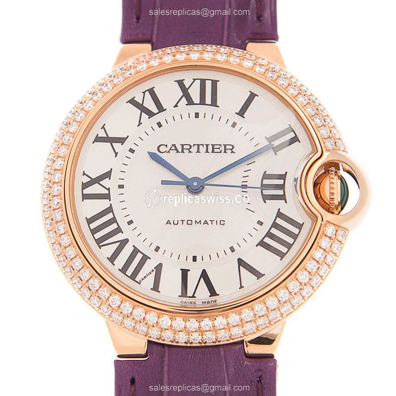 Cartier Ballon Bleu Replica - Automatic - 18kt Rose Gold - Diamonds - White Dial