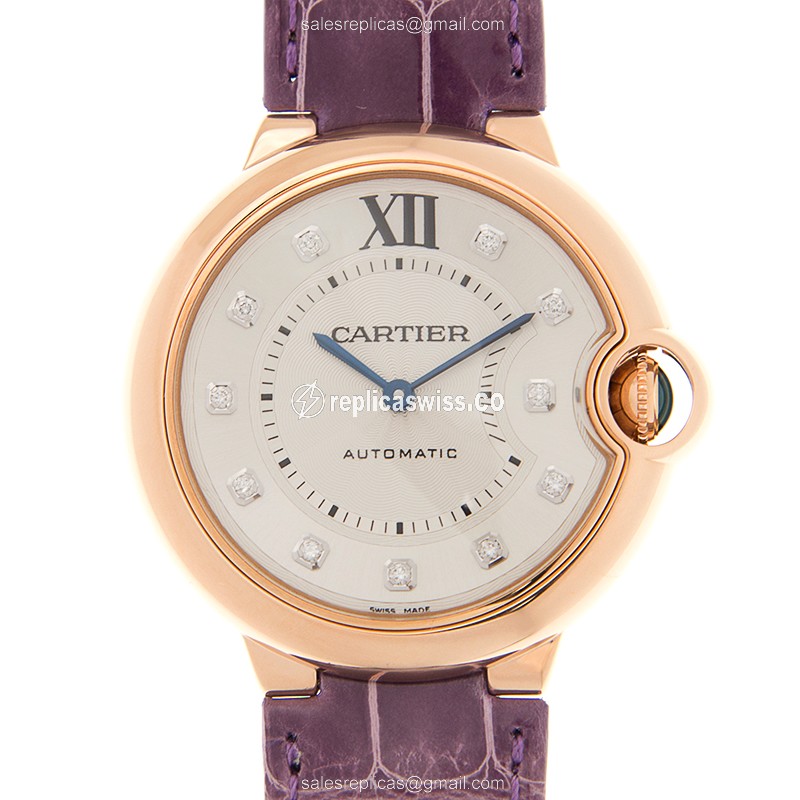 Cartier Ballon Bleu Replica - Automatic - 18kt Rose Gold - White Dial - Alligator Purple Strap