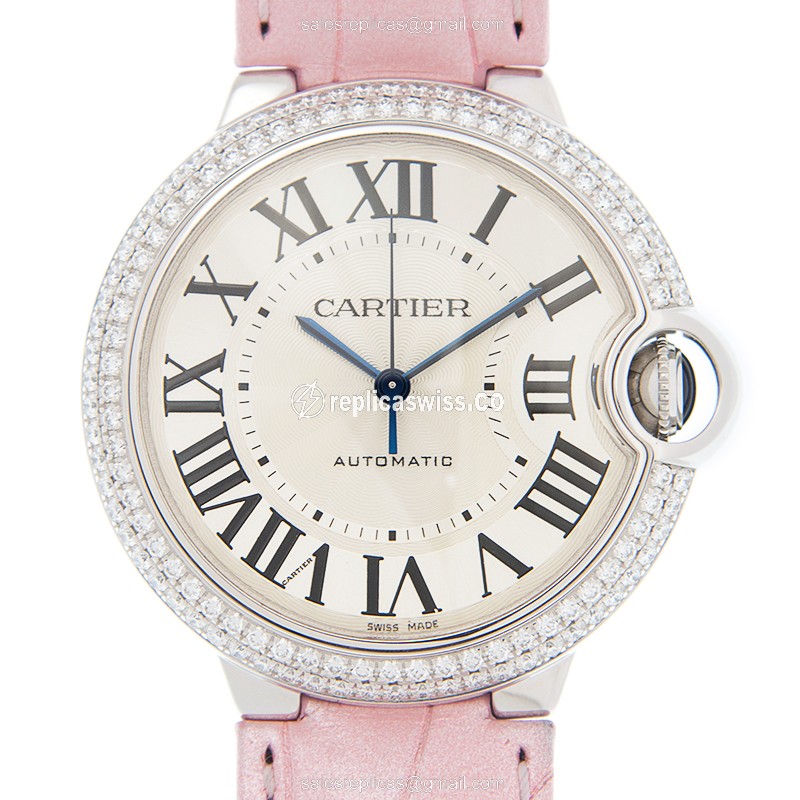 Cartier Ballon Bleu Replica - Automatic - 18kt White Gold - Diamond - White Dial - Pink Alligator Strap