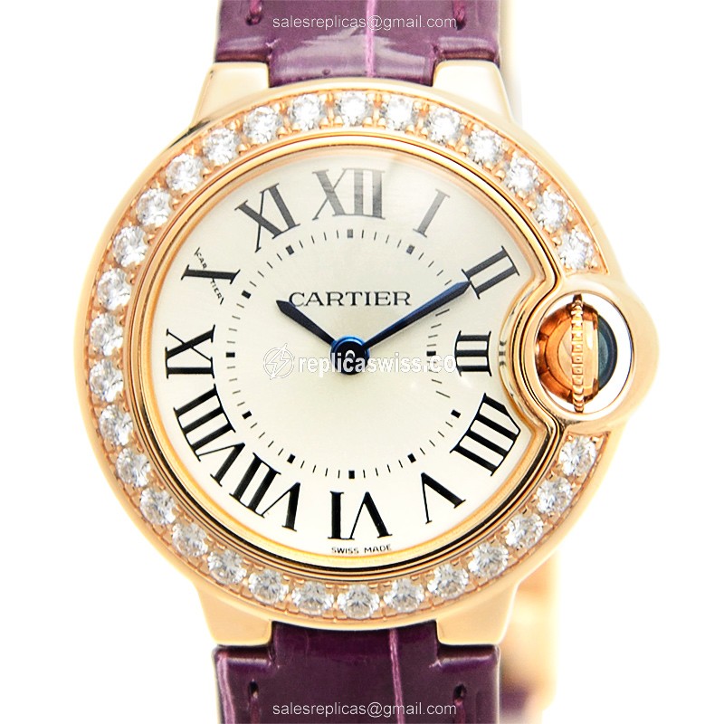 Cartier Ballon Bleu Quartz 18kt Rose Gold - Diamond Dial - Silver - Alligator Purple Strap