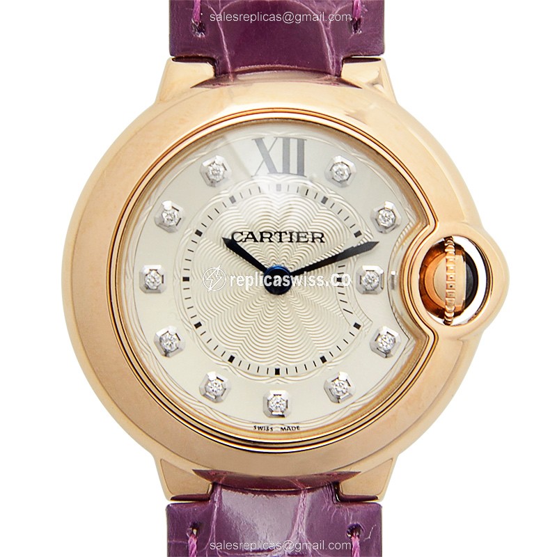 Cartier Ballon Bleu Replica - Quartz - 18kt Rose Gold - Silver Dial - Alligator Purple Strap