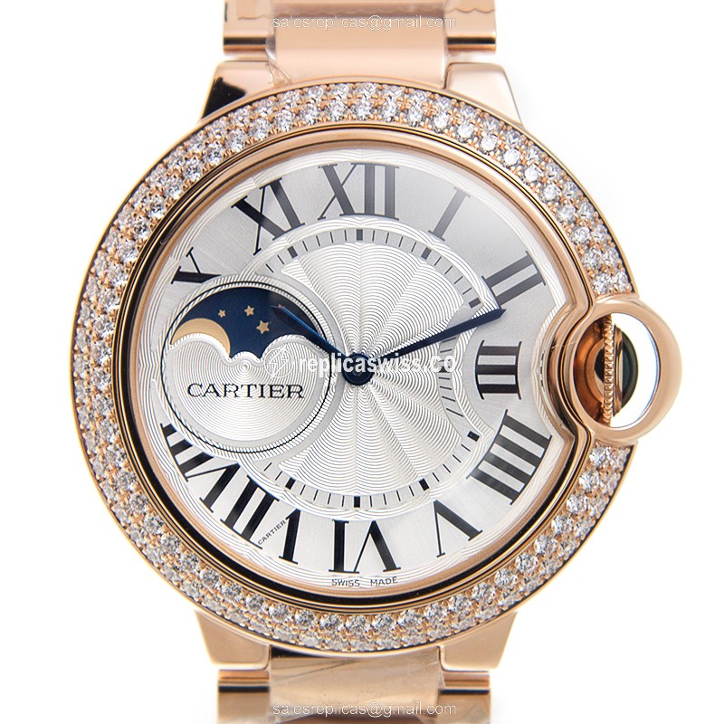 Cartier Ballon Bleu Replica - Automatic - 18kt Rose Gold Case - Diamond - Silver Dial - Gold Strap