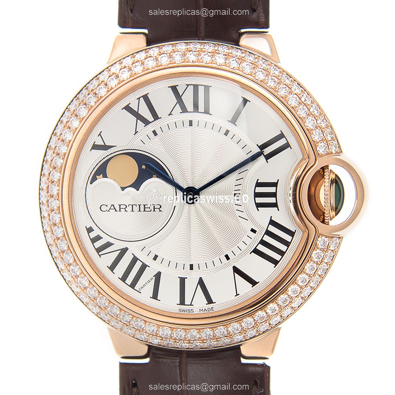 Cartier Ballon Bleu Replica - Automatic - 18kt Rose Gold - Diamonds - Silver Dial - Brown Alligator Strap