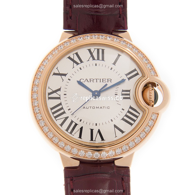 Cartier Ballon Bleu Replica - Automatic - 18kt Rose Gold - Diamonds - White Dial - Red Alligator Strap