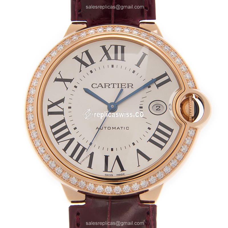 Cartier Ballon Bleu Replica - Automatic - 18kt Rose Gold - Diamonds - White Dial - Red Alligator Strap