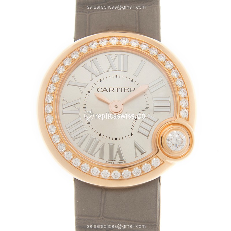 Cartier Ballon Blanc Quartz Replica - 18kt Rose Gold - Diamonds - Silver Dial - Grey Alligator Buckle