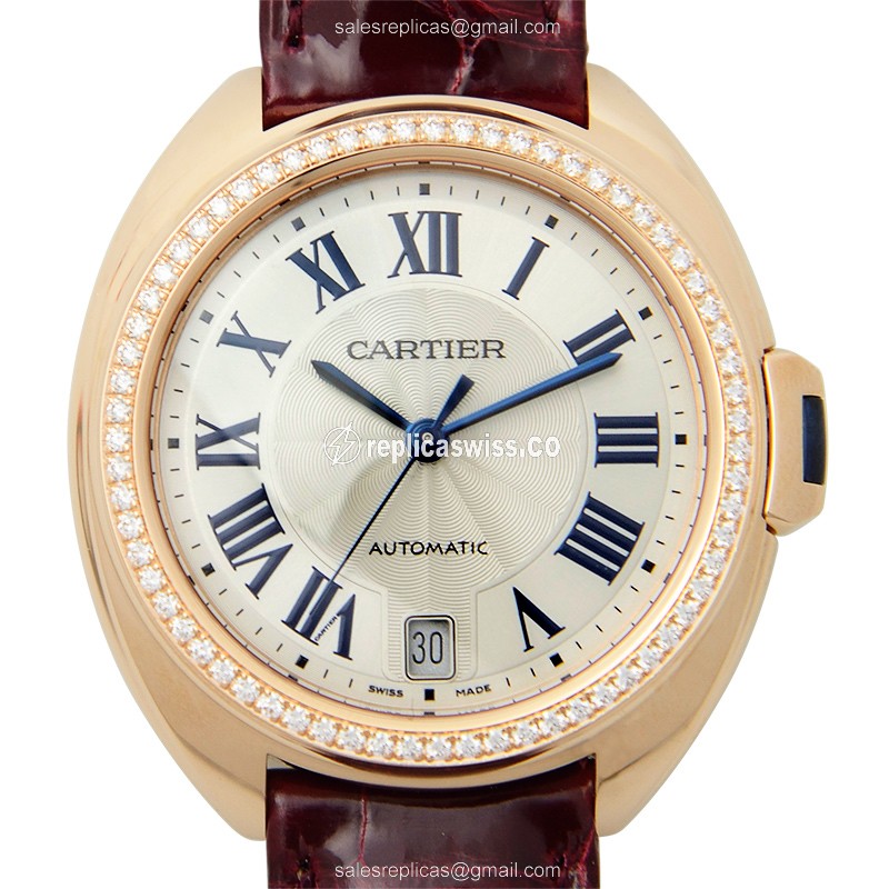 Cartier WJCL0013 CLe DE CARTIER Replica - Automatic - 18kt Rose Gold - Diamonds - White Dial - Red Alligator Strap - Luxury Replica CLe DE CARTIER Watch