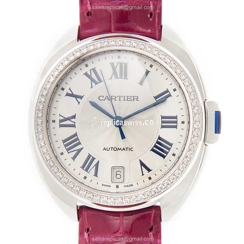 Cartier WJCL0014 Replica - Automatic - 18kt White Gold - Diamond - Silver Dial - Purple Alligator Strap