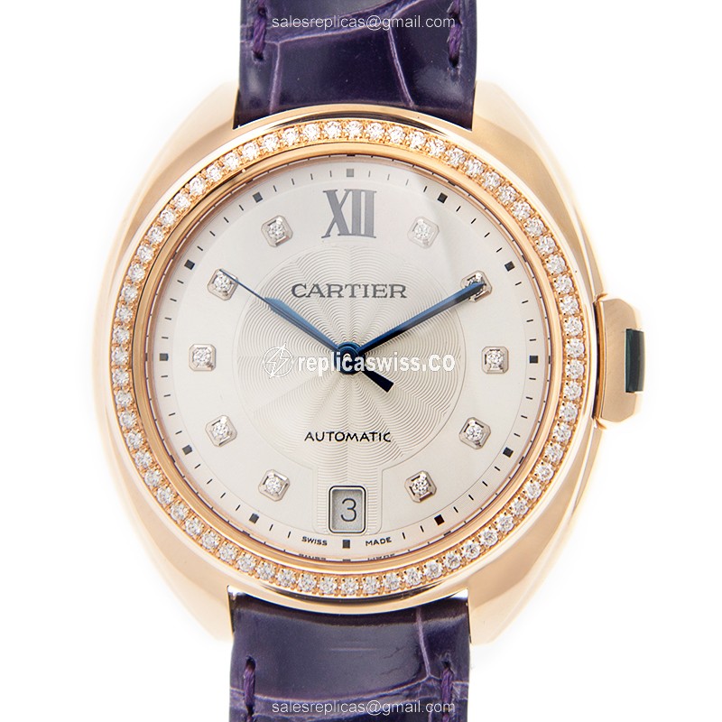 Cartier WJCL0039 CLe DE CARTIER - Automatic - 18kt Rose Gold - Diamonds - White Dial - Alligator Purple Strap - Luxury Replica CLe DE CARTIER Watch