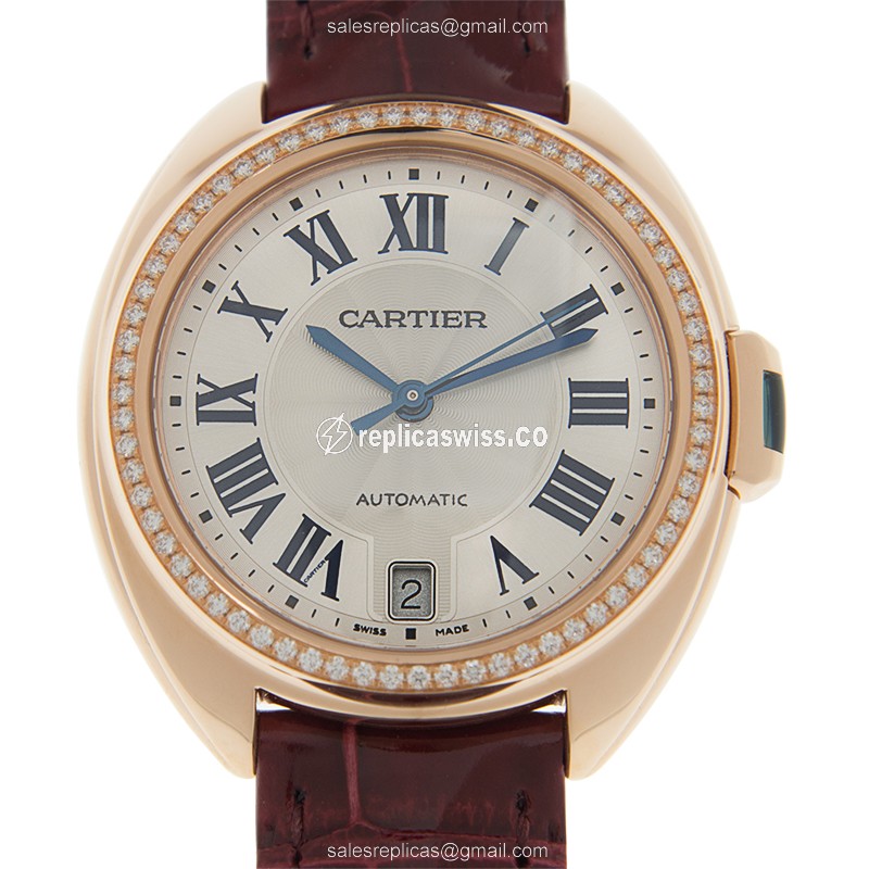 Cartier WJCL0048 Replica - Automatic - 18kt Rose Gold Case - Diamond Bezel - White Dial - Leather Red Strap
