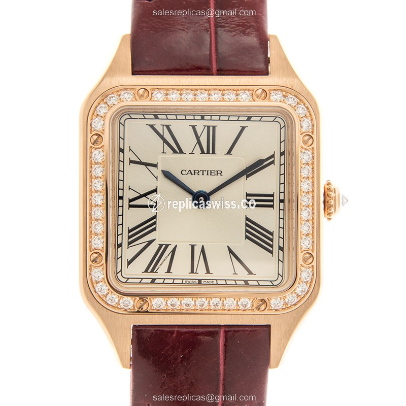Cartier Santos Quartz Replica - 18kt Rose Gold - Diamonds - Silver Dial - Red Alligator Strap - Luxury Replica SANTOS Watch