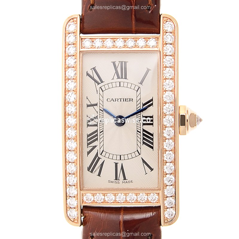 Cartier WJTA0002 Replica - Quartz - 18kt Rose Gold - Diamond Set - Silver Dial - Brown Alligator Strap