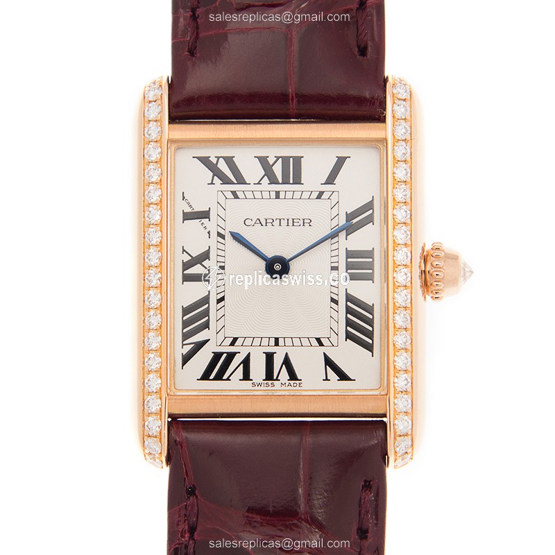 Cartier TANK Replica - Manual - 18kt Rose Gold - Diamond - White Dial - Red Alligator Strap - Luxury Replica TANK Watch