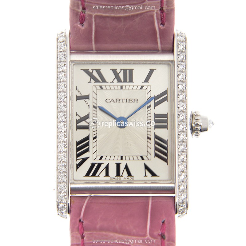 Cartier WJTA0011 Replica: Manual Wind - 18kt White Gold Case, Diamond Set, Silver Dial on Red Alligator Strap