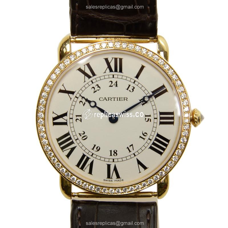 Cartier RONDE LOUIS CARTIER Replica - Manual Wind - 18kt Rose Gold - Diamonds - White Dial - Luxury Replica RONDE LOUIS CARTIER Watch