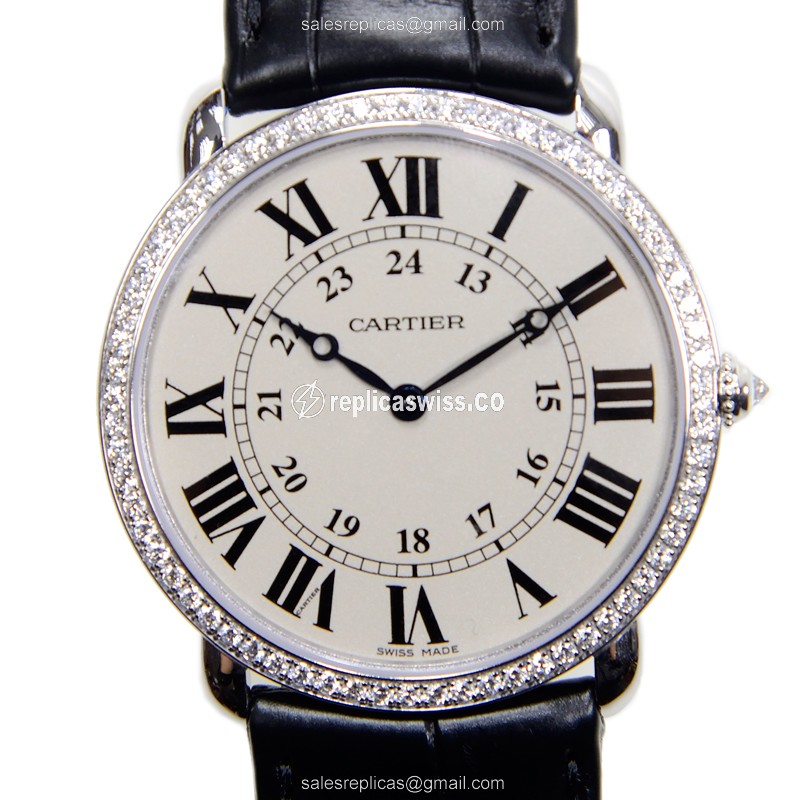 Cartier RONDE LOUIS CARTIER Replica - Manual - 18kt White Gold - Diamond - White Dial - Black Alligator Strap - Luxury Replica RONDE LOUIS CARTIER Watch