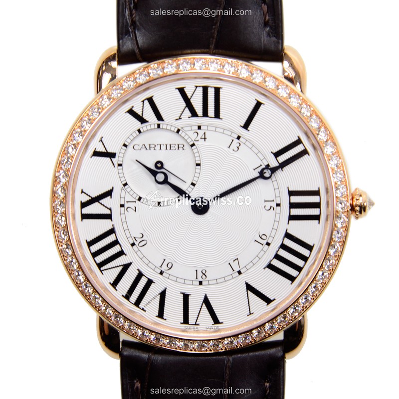 Cartier WR007001 RONDE LOUIS CARTIER - Manual Wind - 18kt Rose Gold - Diamonds - White Dial - Brown Alligator Strap - Luxury Replica RONDE LOUIS CARTIER Watch