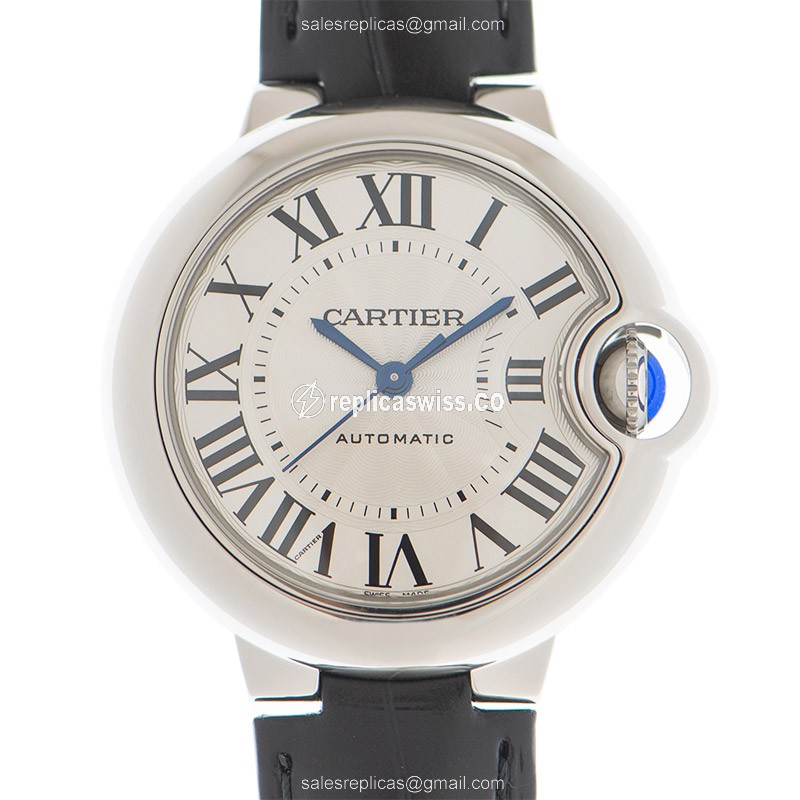 Cartier Ballon Bleu Replica - Automatic - Silver Steel Case - Black Leather Strap