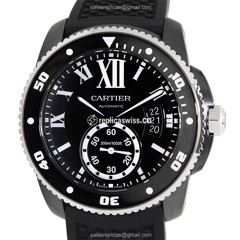 Cartier WSCA0006 Replica - Calibre De Cartier Automatic - Black Dial - Steel Case - Black Rubber Strap - Luxury Replica CALIBRE DE CARTIER Watch
