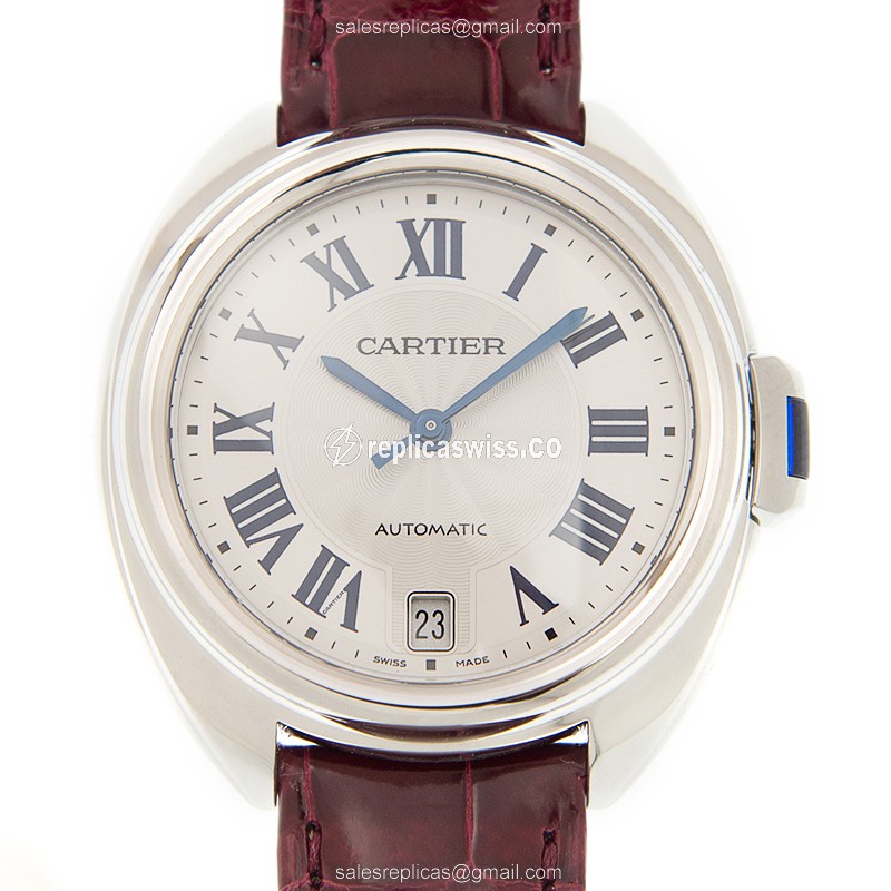 Cartier WSCL0017 CLe De Cartier Automatic Steel Case - Red Alligator Strap - Silver Dial - Luxury Replica CLe DE CARTIER Watch