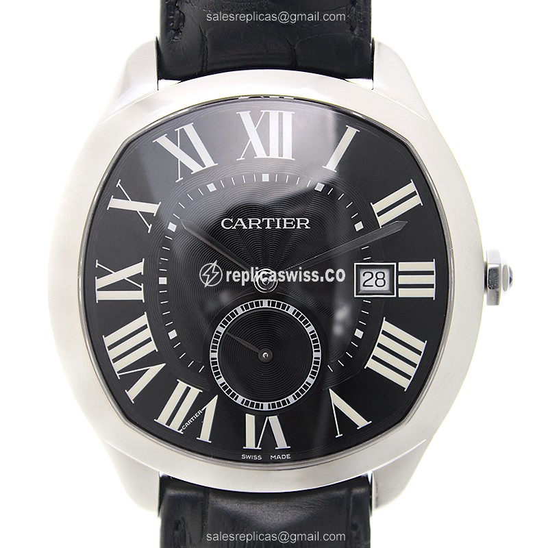Cartier DRIVE DE CARTIER Replica - Automatic - Steel Case - Black Dial - Alligator Black Strap - Luxury Replica DRIVE DE CARTIER Watch