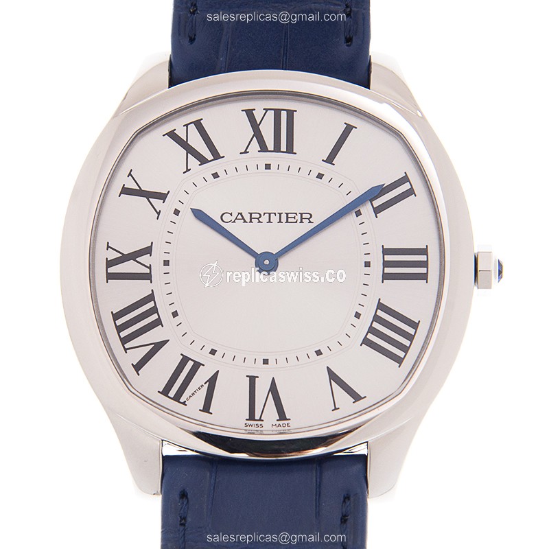 Cartier WSNM0011 Replica - Drive De Cartier - Manual - Steel Case - Silver Dial - Blue Alligator Buckle