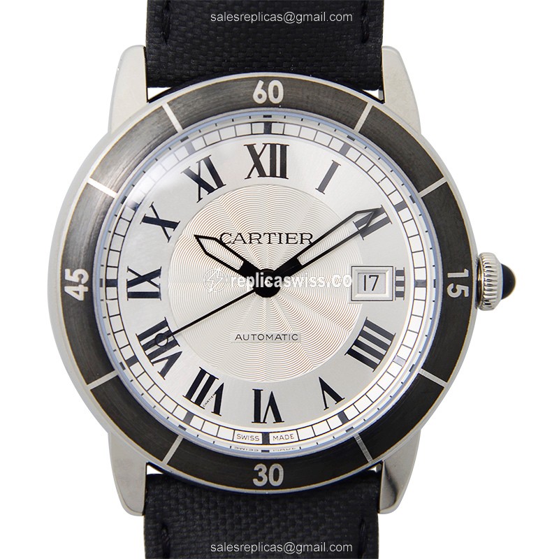 Cartier Rotonde De Cartier Replica - Automatic - Steel Case - White Dial - Black Leather Strap