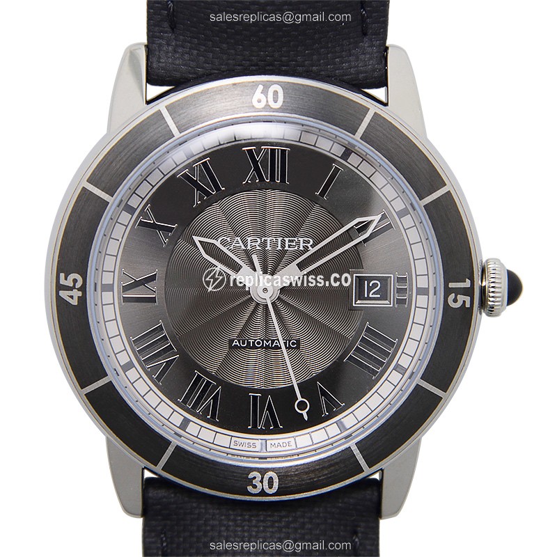 Cartier Rotonde Replica - Automatic - Stainless Steel - Black Dial - Leather Strap