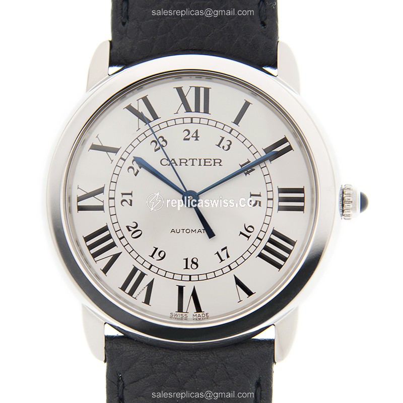Cartier RONDE SOLO Replica - Automatic - Silver Dial - Steel Case - Black Cowhide Strap