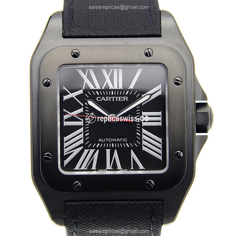 Cartier Santos Replica - Automatic - Black Dial - Steel Case - Black Cowhide Strap