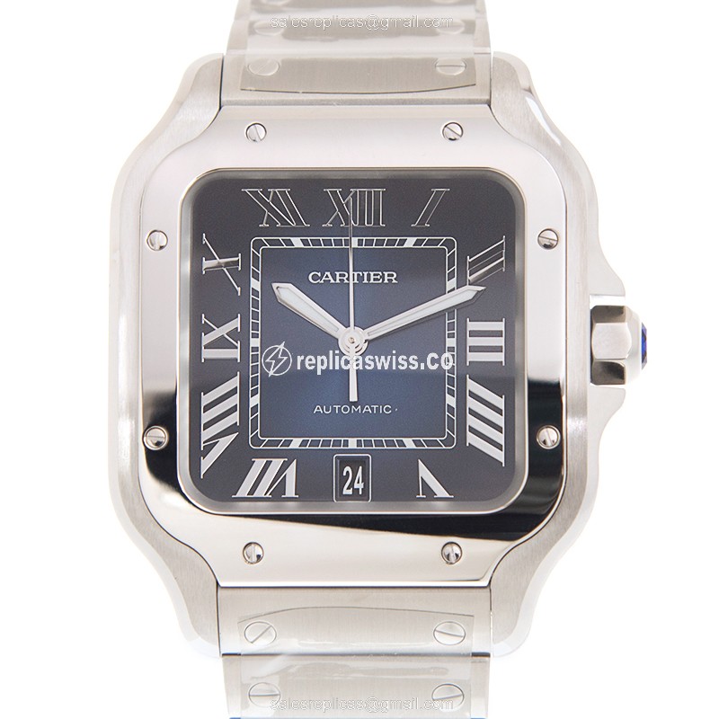 Cartier Santos Replica - Automatic - Blue Dial - Steel Case - Silver Band