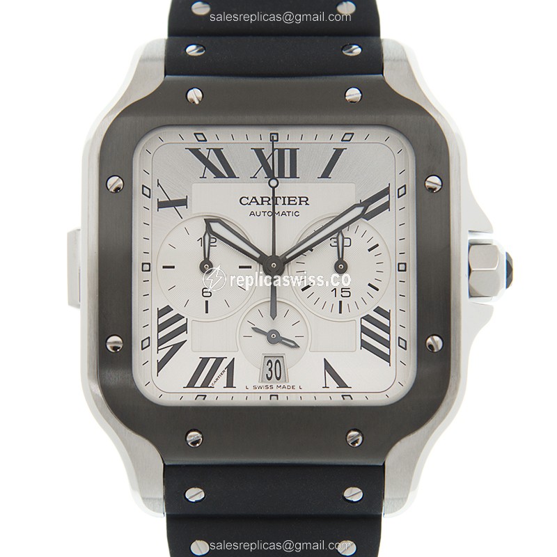 Cartier Santos Replica - Automatic - Steel - White Dial - Black Rubber Strap