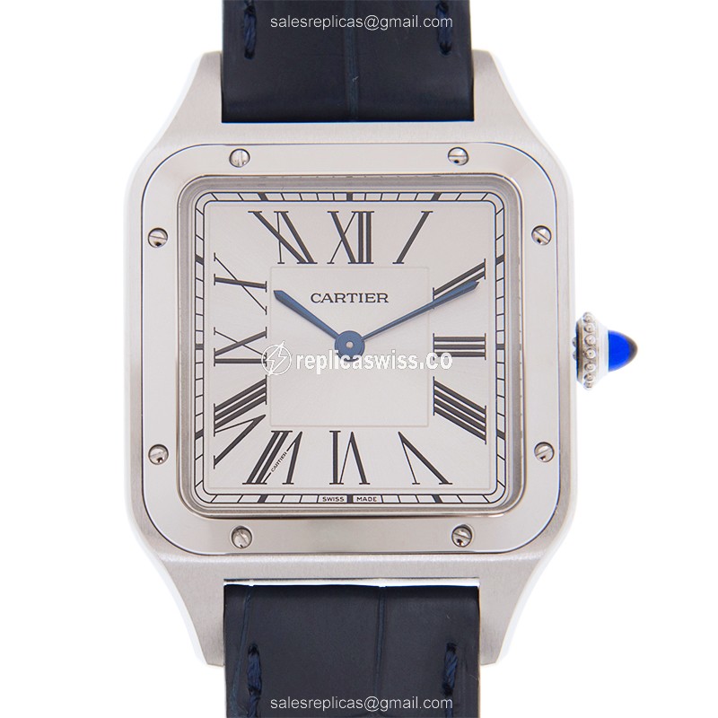 Cartier Santos Quartz - Steel Case - Silver Dial - Blue Alligator Strap - Buckle Clasp - Luxury Replica SANTOS Watch