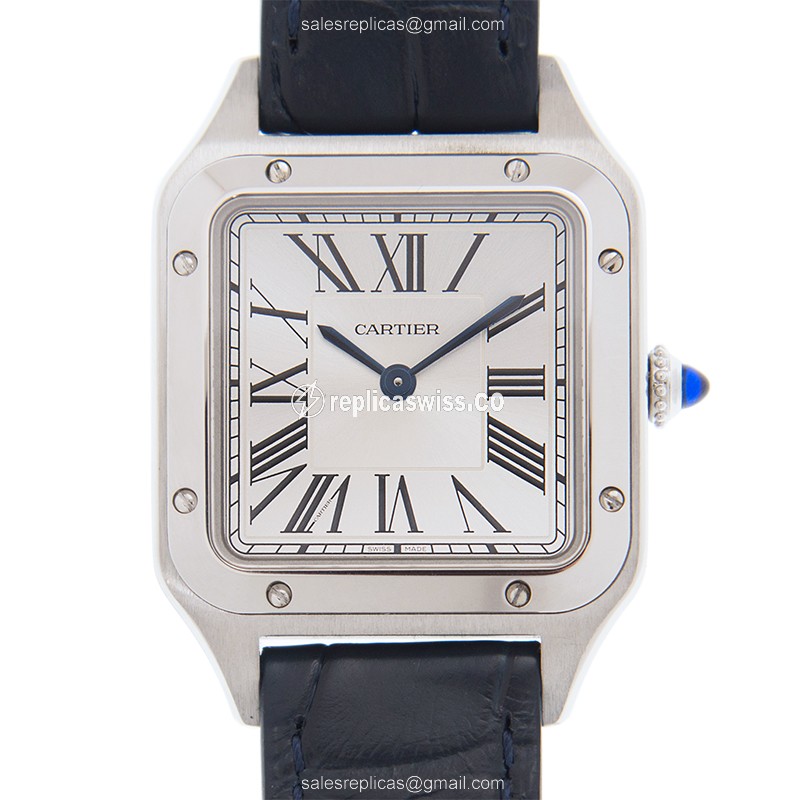 Cartier Santos Quartz Steel - Silver Dial - Blue Alligator Buckle