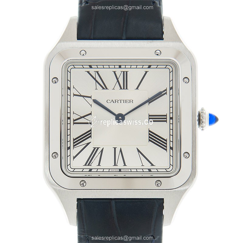 Cartier Santos Replica - Manual Wind - Steel Case - Silver Dial - Blue Alligator Strap