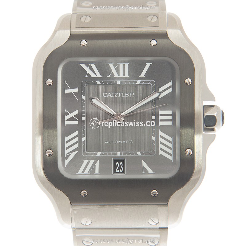Cartier Santos Replica - Automatic - Steel Case - Gray Dial, Silver Clasp
