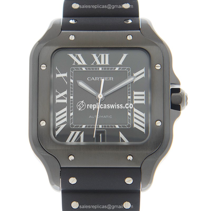 Cartier Santos Replica - Automatic - Steel Case - Black Dial - Rubber Strap - Black Buckle