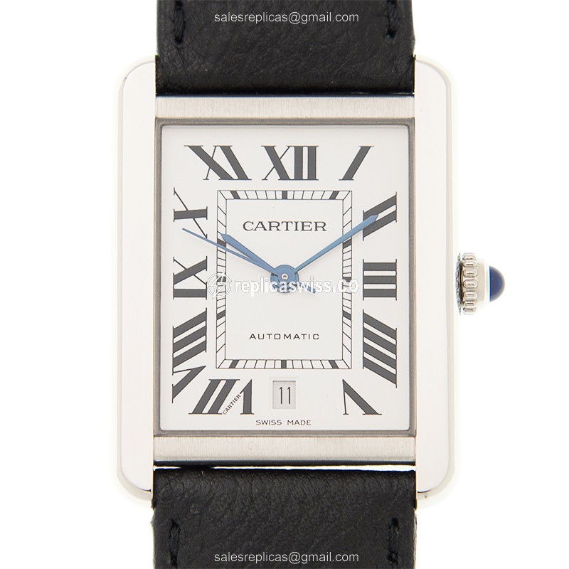Cartier WSTA0029 TANK Automatic - Stainless Steel - White Dial - Black Alligator Strap - Luxury Replica TANK Watch
