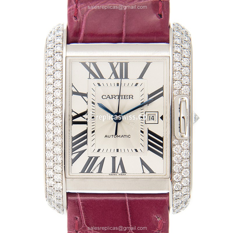 Cartier WT100018 TANK Replica - Automatic - Stainless Steel & Diamond Accents - Silver Dial - Purple Alligator Strap